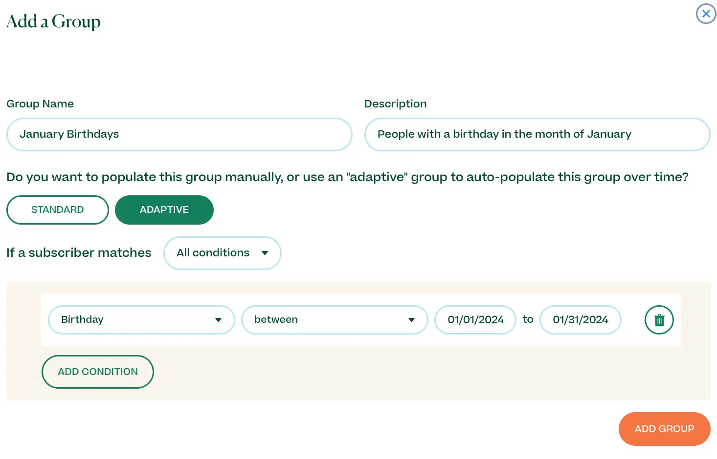 Screenshot of adding an adaptive birthday group